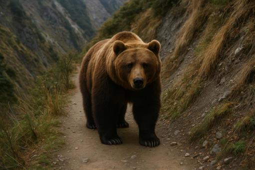 山道に現れたヒグマの写真