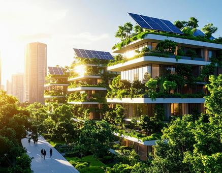 庭園と太陽光パネル並ぶ環境配慮型未来都市 庭園と太陽光パネル並ぶ環境配慮型未来都市の写真