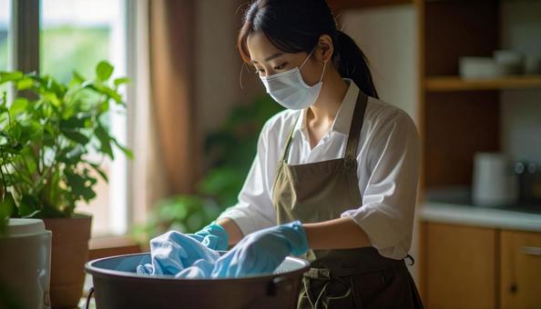 マスク、手袋、エプロン姿で手洗いする母親 マスク、手袋、エプロン姿で手洗いする母親の写真