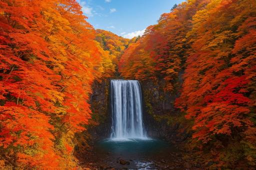 壮大で高さのある紅葉の滝 壮大で高さのある紅葉の滝の写真