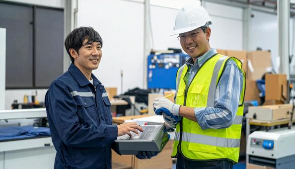 工場の三次元測定機を使う作業服の男性 工場の三次元測定機を使う作業服の男性の写真
