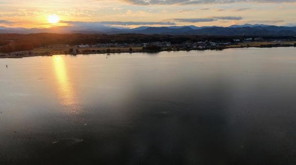 石川県の潟湖木場潟の夜明け 潟湖,湖,木場潟の写真素材