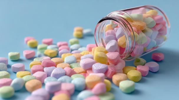 瓶から溢れ出すカラフルなラムネ菓子 瓶から溢れ出すカラフルなラムネ菓子の写真