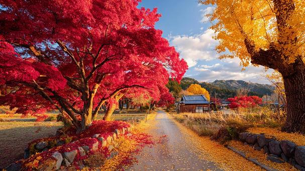 秋の山を背景にした美しい散歩道 秋の山を背景にした美しい散歩道の写真