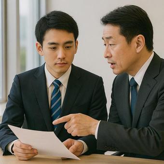 上司に指導を受ける新入社員ビジネスマンの写真