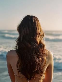 長いウェーブヘアが美しい女性と夕焼けの海 長いウェーブヘアが美しい女性と夕焼けの海の写真