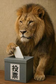 選挙で投票をするライオン 選挙で投票をするライオンの写真