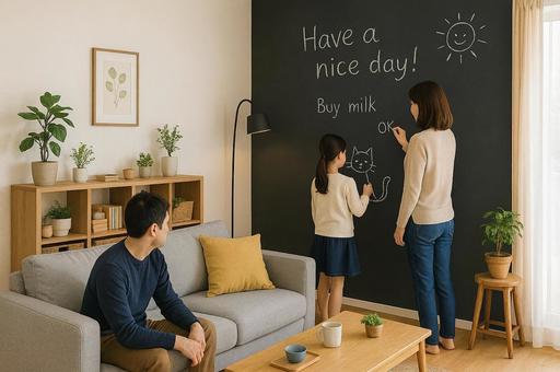 黒板クロスで家族が楽しむリビングの暮らし 黒板クロスで家族が楽しむリビングの暮らしの写真