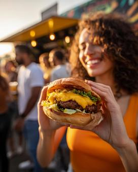町中でハンバーガーを食べる女性 町中でハンバーガーを食べる女性の写真