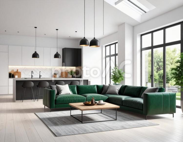 リビングとキッチンのインテリア風景 リビング,キッチン,家具の写真素材