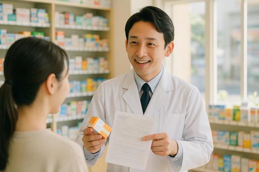 調剤薬の説明をする薬剤師 調剤薬の説明をする薬剤師の写真