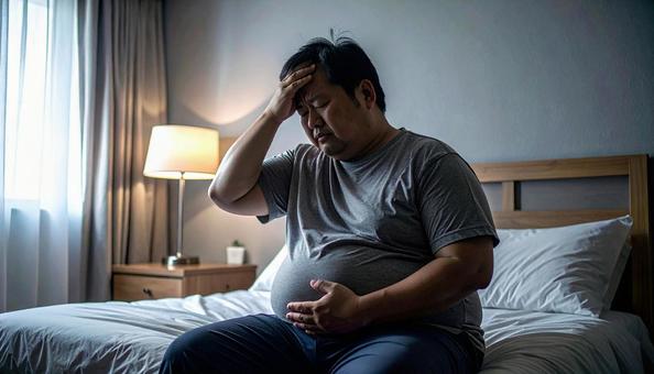 肥満で疲れやすく、額に手をやる男性 肥満で疲れやすく、額に手をやる男性の写真