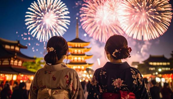 打ち上げ花火と浴衣姿の女性 打ち上げ花火と浴衣姿の女性の写真