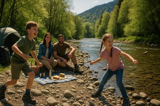 川辺で遊ぶ家族のキャンプ 川辺で遊ぶ家族のキャンプの写真