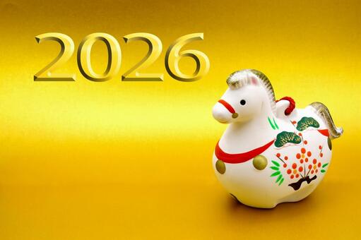 2026年の文字と午の土鈴 年賀状,ゴールド,2026の写真素材