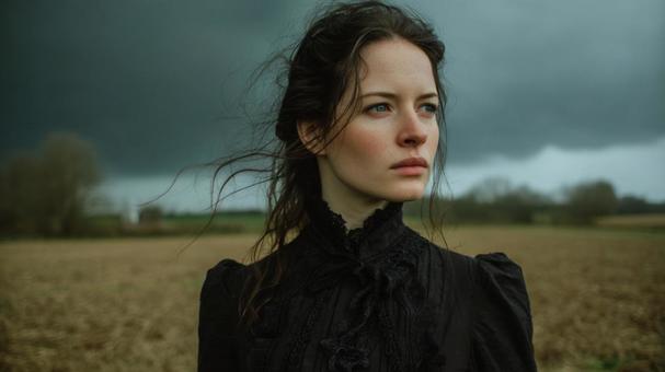 悪天候の空とゴシック服の女性 悪天候の空とゴシック服の女性の写真