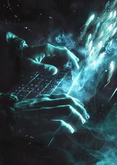 パソコン作業をする手元(SF風) パソコン作業をする手元(SF風)の写真