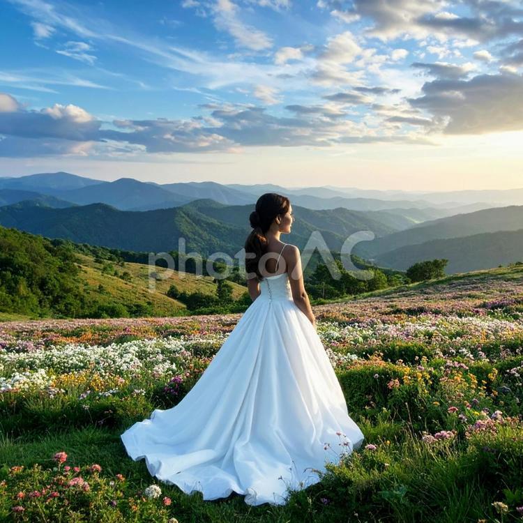 草原に立つ花嫁 結婚,ウェディング,ラブの写真素材