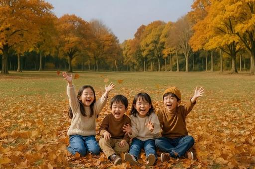 秋の落ち葉満ちた公園で遊ぶ子供たち 秋の落ち葉満ちた公園で遊ぶ子供たちの写真