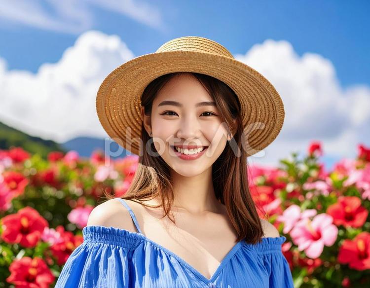 ハイビスカスと、真夏の彼女 ハイビスカス,女性,若いの写真素材