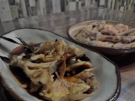 Photo, simmered sweet potato, boiled fish, meval, 