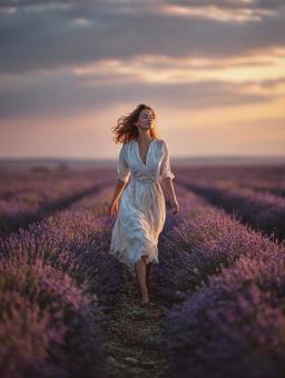 美しい夕暮れと花畑の写真