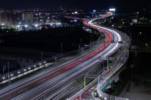 高速道路夜景 高速道路,夜景,光の線の写真素材