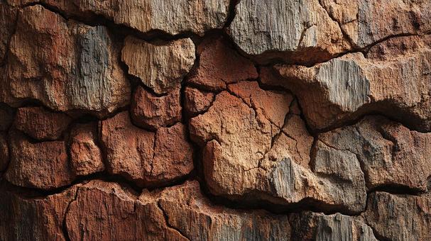 複雑な模様を持つ古木の樹皮の写真