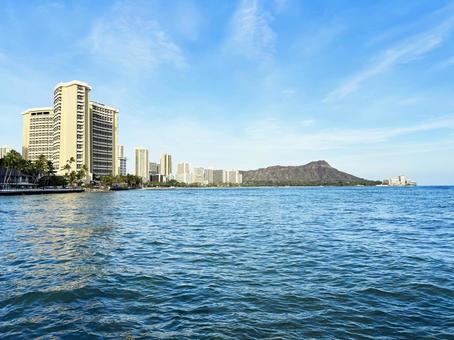 ダイヤモンドヘッドと太平洋とホテル ハワイ,ホノルル,ワイキキの写真素材