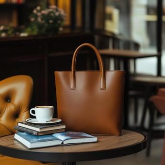 高級感ある本革バッグとコーヒーのある風景 高級感ある本革バッグとコーヒーのある風景の写真