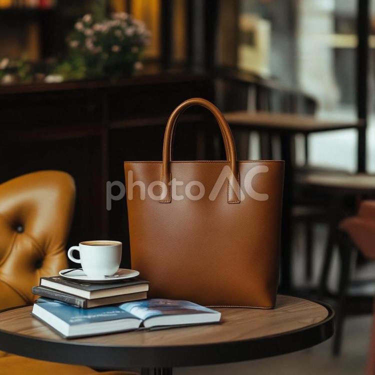 高級感ある本革バッグとコーヒーのある風景 革バッグ,トートバッグ,レザーバッグの写真素材