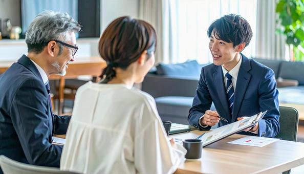 男性営業マンの説明を聞く親子 男性営業マンの説明を聞く親子の写真