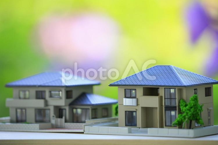 住宅模型と緑背景 住宅,家,土地の写真素材