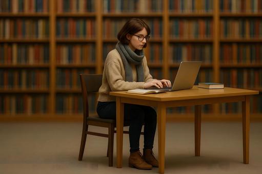 秋図書館で学ぶ女性 秋図書館で学ぶ女性の写真
