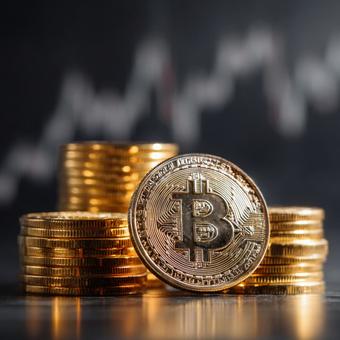 成長を示す仮想通貨と金色のコインの山 成長を示す仮想通貨と金色のコインの山の写真