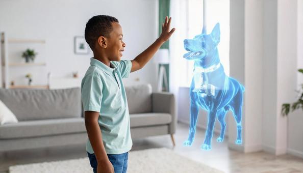 ホログラムペットと笑顔の子ども ホログラムペットと笑顔の子どもの写真