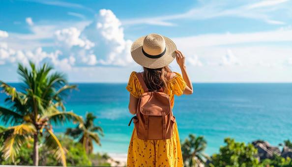 真夏の海を眺める女性の後ろ姿 真夏の海を眺める女性の後ろ姿の写真