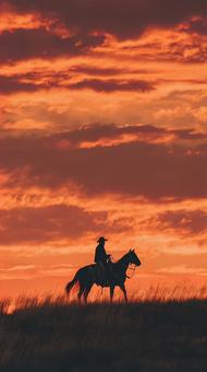夕焼けに染まるカウボーイ 夕焼けに染まるカウボーイの写真