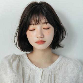 リラックスした表情の若いアジア人女性 リラックスした表情の若いアジア人女性の写真