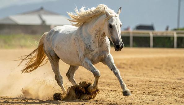 馬場を気持ち良さそうに走る白馬 馬場を気持ち良さそうに走る白馬の写真