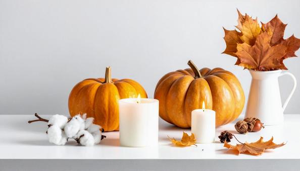 テーブルの上に飾られた黄色いカボチャ テーブルの上に飾られた黄色いカボチャの写真