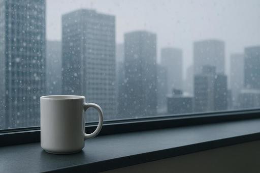 雪景色のオフィスとコーヒーの写真
