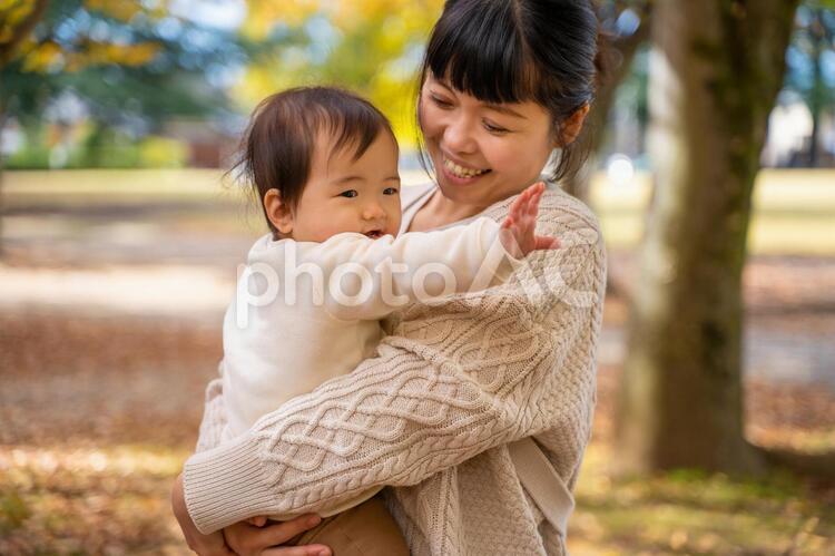 秋の公園でママと遊ぶ赤ちゃん（不機嫌） 赤ちゃん,ママ,親子の写真素材