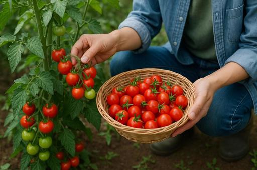 家庭菜園でミニトマトを収穫する様子 家庭菜園でミニトマトを収穫する様子の写真