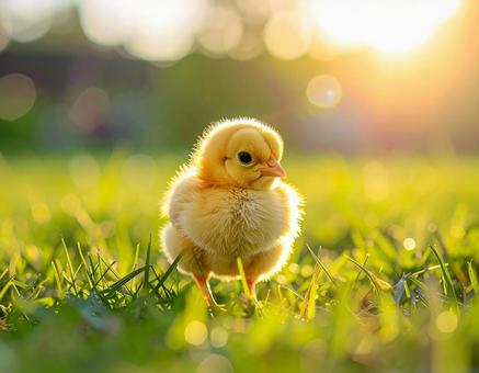 草むらを歩くかわいいひよこ 草むらを歩くかわいいひよこの写真