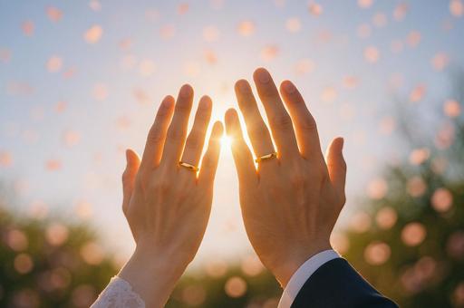 光に誓う結婚の瞬間の写真