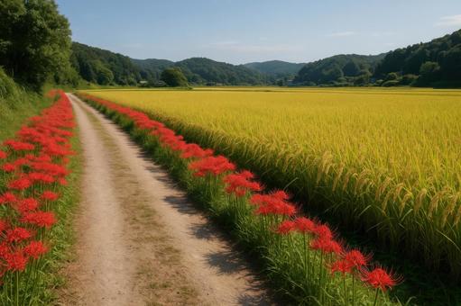 彼岸花が咲く農道と田んぼの風景 彼岸花が咲く農道と田んぼの風景の写真