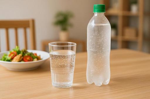 食事と炭酸水の写真
