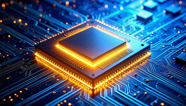 黄色に光る半導体チップ 黄色に光る半導体チップの写真