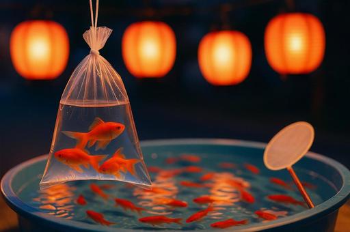 夏祭りの金魚すくいと提灯の風景 夏祭りの金魚すくいと提灯の風景の写真